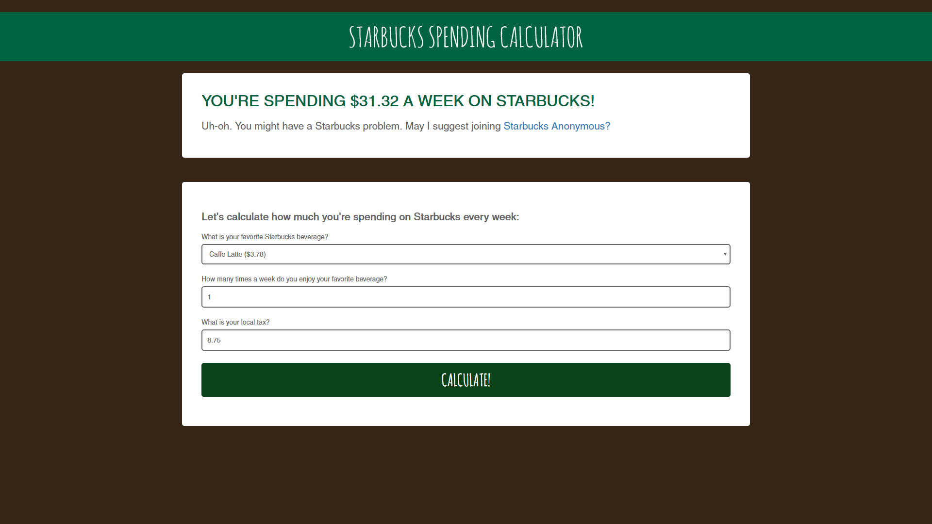 Starbucks spending calculator